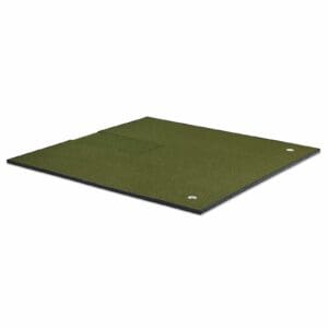 A green square mat with two holes for mounting.