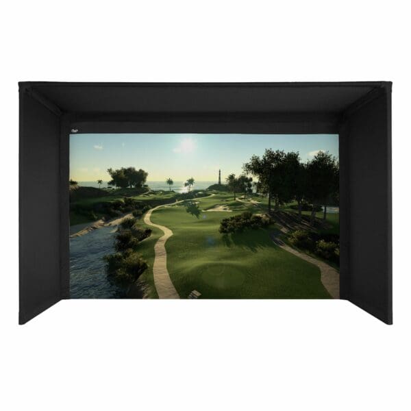 A large screen tv with a golf course in the background.