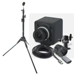 A camera and tripod are shown with cords.