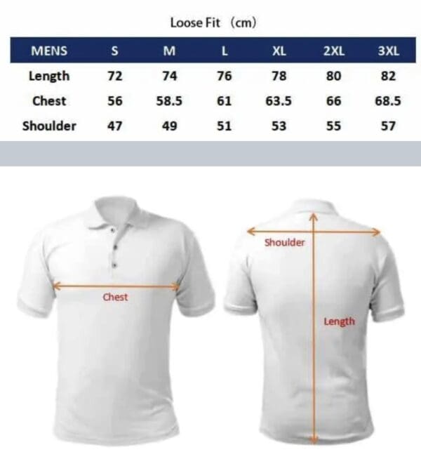 Men's white polo shirt size chart.