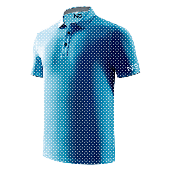 A blue polo shirt with white polka dots on it.