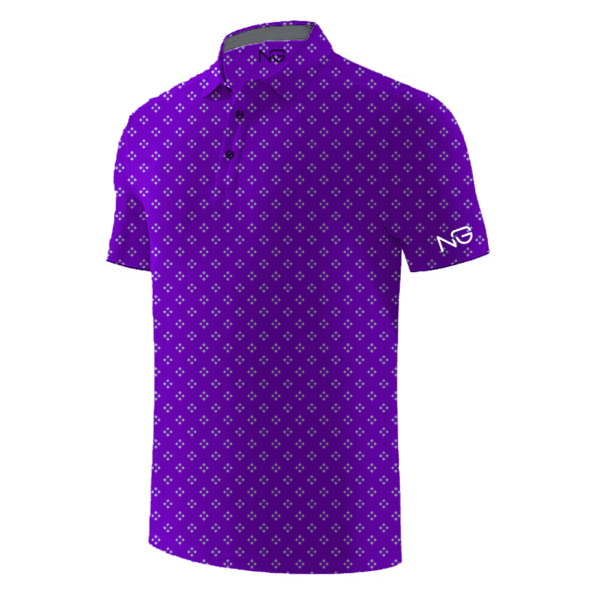 A purple polo shirt with white polka dots.