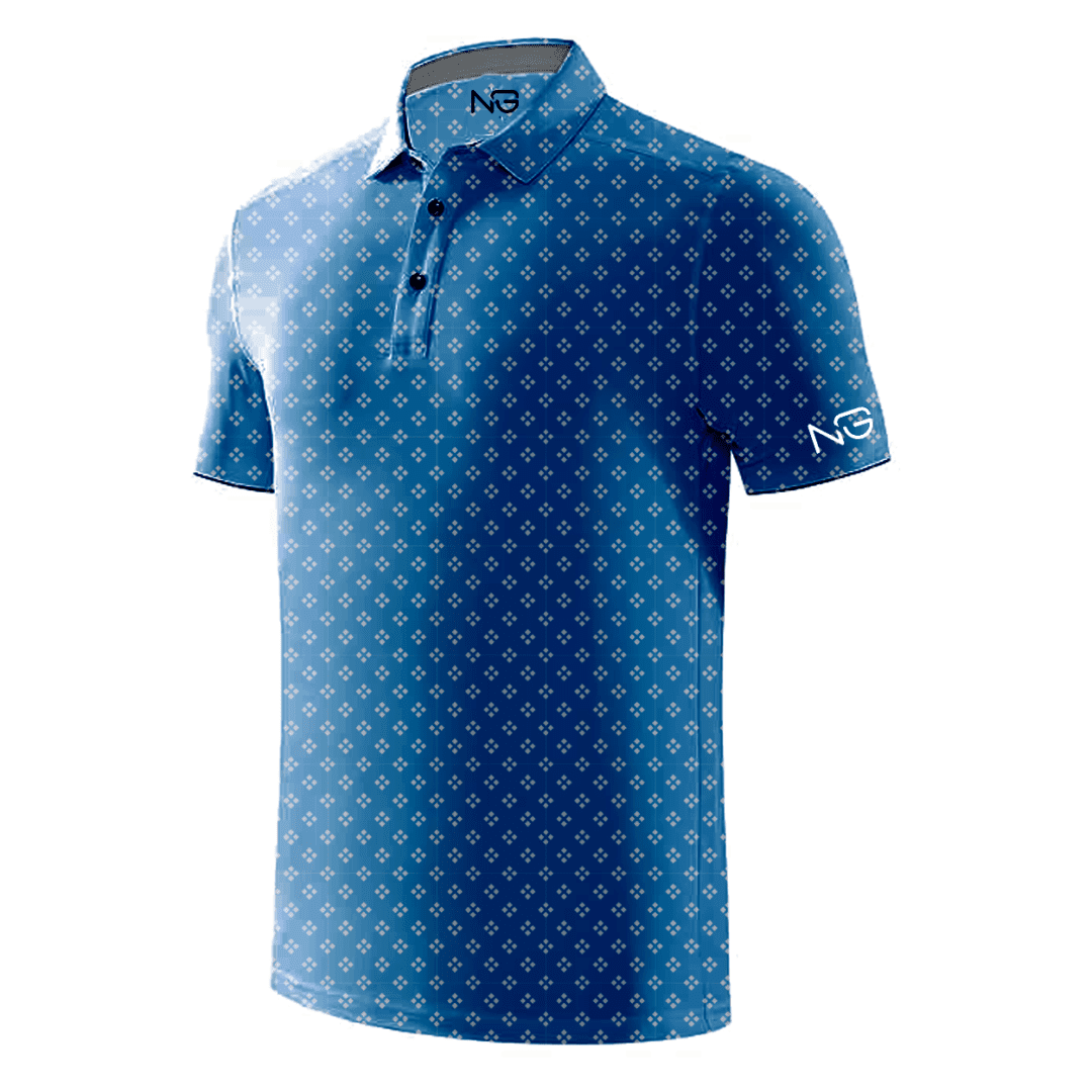 A blue polo shirt with white polka dots on it.