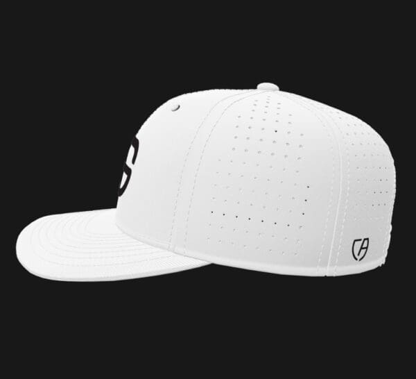 A white hat with a black logo on it