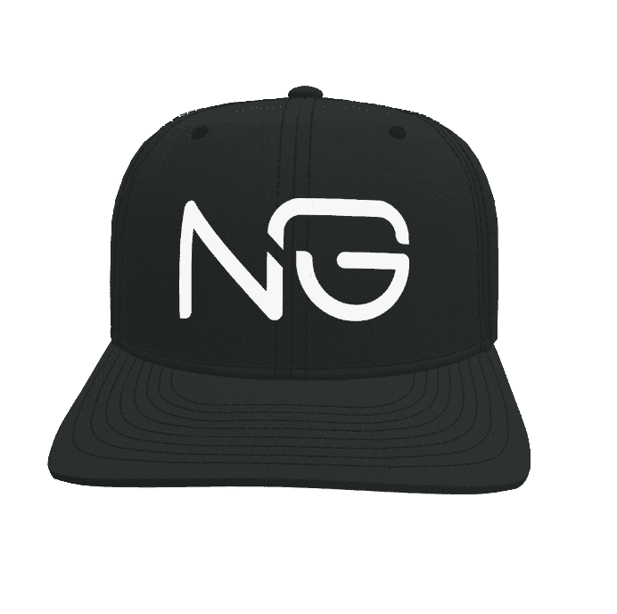 A black hat with the word ng on it.