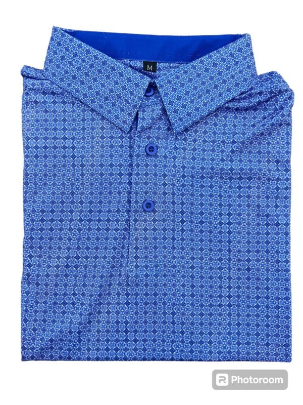 Blue and white patterned men's polo shirt.