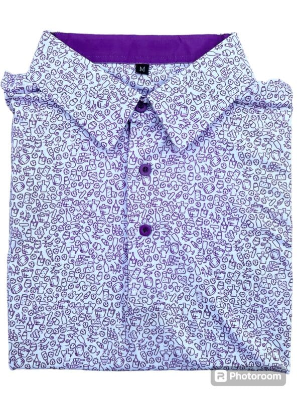 White button-down shirt with purple wine pattern.