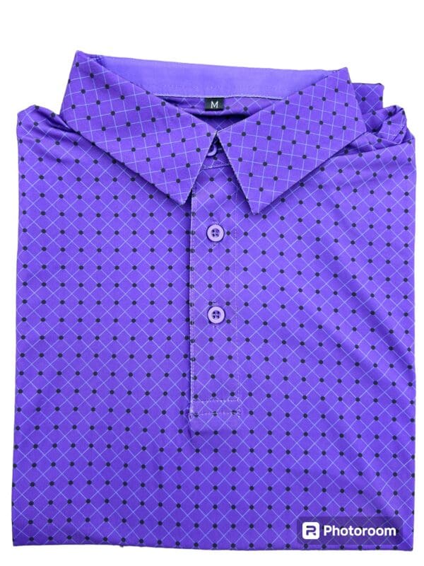 Purple men's polo shirt with black dots.