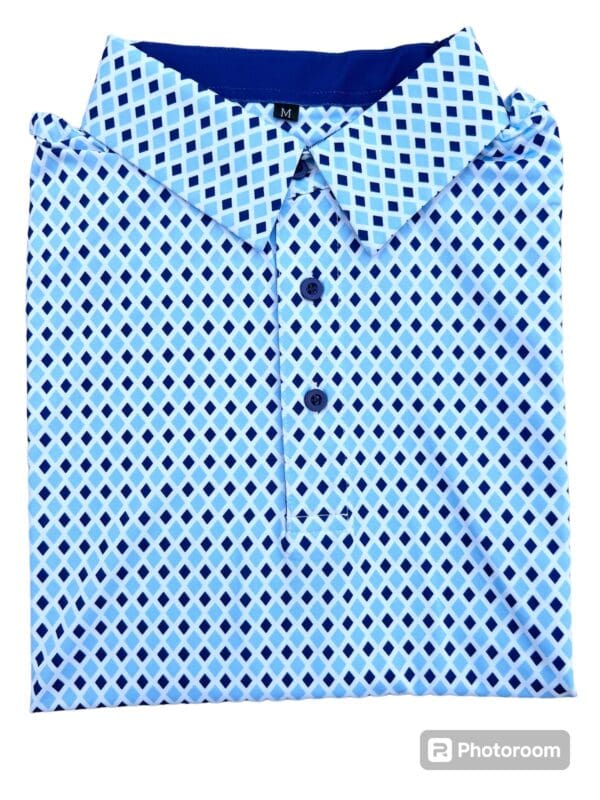 Blue and white patterned polo shirt.