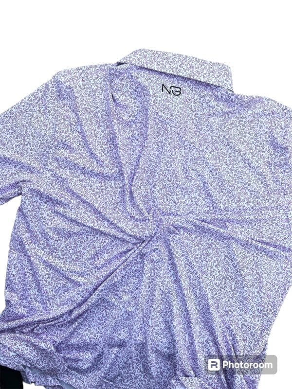 Purple floral print golf shirt with logo.