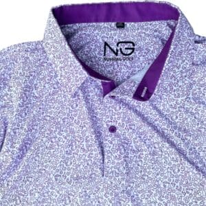 White golf polo shirt with purple details.