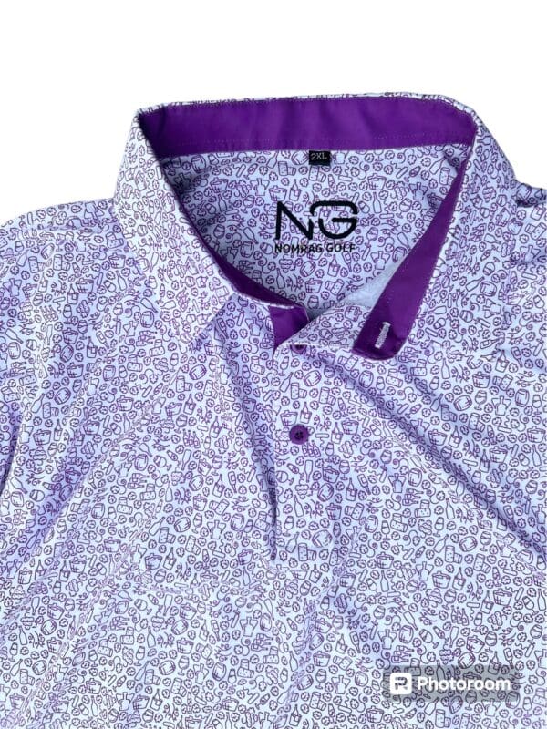 White golf polo shirt with purple details.