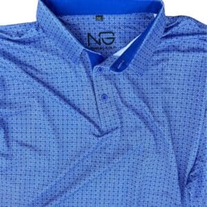 Blue and white patterned golf shirt.