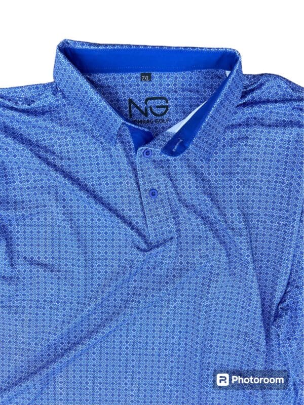 Blue and white patterned golf shirt.