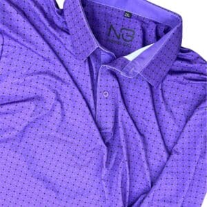 Purple and black patterned golf shirt.