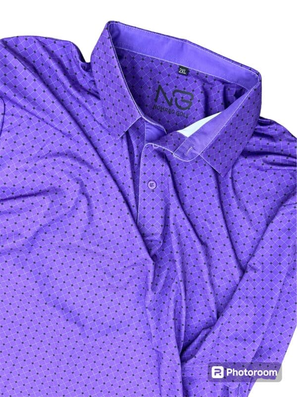 Purple and black patterned golf shirt.