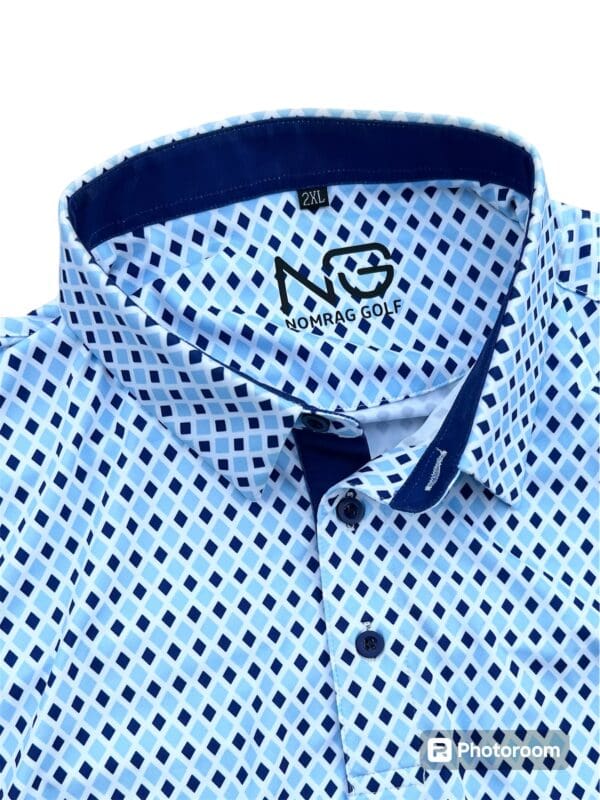 Blue and white checkered golf shirt